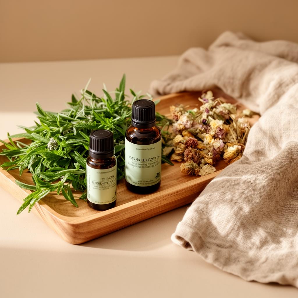 Natural wellness scene with essential oils and plants